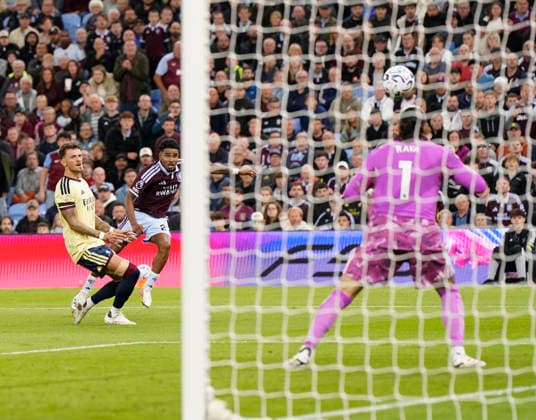 Birmingham, England, 31st August 2026. Ian Maatsen of Aston Villa shoots wide during the Aston Villa vs Arsenal Premier League match at Villa Park, Birmingham. Picture credit should read: Andrew Yates Sportimage EDITORIAL USE ONLY. No use with unauthorised audio, video, data, fixture lists, club league logos or live services. Online in-match use limited to 120 images, no video emulation. No use in betting, games or single club league player publications. SPI_035_AY_Villa_Arsenal SPI-4946-0035