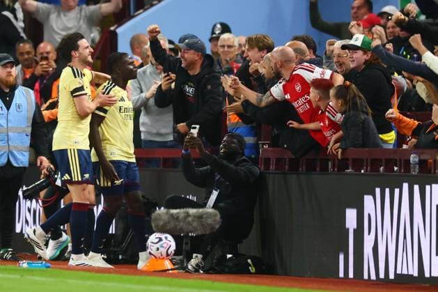 Bukayo Saka of Arsenal scores to make it 0-1 and celebrates Aston Villa v Arsenal, Premier League Football, Football, Villa Park, Birmingham, UK - 31 Aug 2026Birmingham Villa Park United Kingdom EDITORIAL USE ONLY No use with unauthorised audio, video, data, fixture lists, club league logos or live services. Online in-match use limited to 120 images, no video emulation. No use in betting, games or single club league player publications. Copyright: xPaulxCurrie Shutterstockx 17126356bb