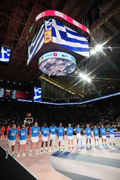 FIBA World Cup European Qualifiers - Greece vs Spain - Players of Greece reactduring the FIBA World Cup European Qualifiers 2nd round group I basketball match between Greece and spainl held at Telekom Center Athens, Greece, on 31 August 2026. IMAGO ONE INCH PRODUCTIONS ATHENS GREECE Copyright: xOnexInchxProductionsx 7070972