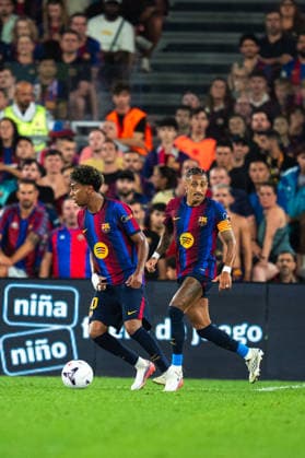 Spanish LaLiga EA Sports FC Barcelona, Barca v Rayo Vallecano in Barcelona, Spain. FC Barcelona player Lamine Yamal (10) and Raphinha (11) during LaLiga EA Sports match between FC Barcelona and Rayo Vallecano in Spotify Camp Nou, Barcelona, Spain, on August 31, 2026. Barcelona Spotify Camp Nou Barcelona Spain