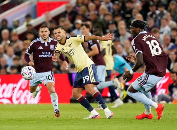 Birmingham, England, 31st August 2026. Bruno Guimaraes of Arsenal plays the ball during the Aston Villa vs Arsenal Premier League match at Villa Park, Birmingham. Picture credit should read: Andrew Yates Sportimage EDITORIAL USE ONLY. No use with unauthorised audio, video, data, fixture lists, club league logos or live services. Online in-match use limited to 120 images, no video emulation. No use in betting, games or single club league player publications. SPI_055_AY_Villa_Arsenal SPI-4946-0055