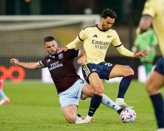 Birmingham, England, 31st August 2026. John McGinn of Aston Villa tackles Mikel Merino of Arsenal during the Aston Villa vs Arsenal Premier League match at Villa Park, Birmingham. Picture credit should read: Andrew Yates Sportimage EDITORIAL USE ONLY. No use with unauthorised audio, video, data, fixture lists, club league logos or live services. Online in-match use limited to 120 images, no video emulation. No use in betting, games or single club league player publications. SPI_057_AY_Villa_Arsenal SPI-4946-0057