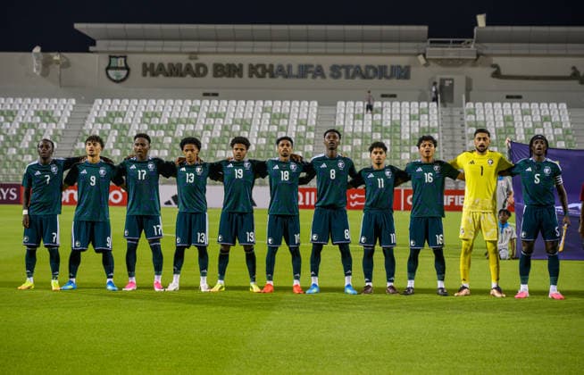 Saudi Arabia V Hong Kong, China - AFC U20 Asian Cup China 2027 Qualifiers Players of Saudi Arabia line up prior to the AFC U20 Asian Cup China 2027 Qualifiers match between Saudi Arabia V Hong Kong, China at Hamad Bin Khalifa Stadium in Doha, Qatar, on August 31, 2026. DOHA Qatar Copyright: xNOUSHADx
