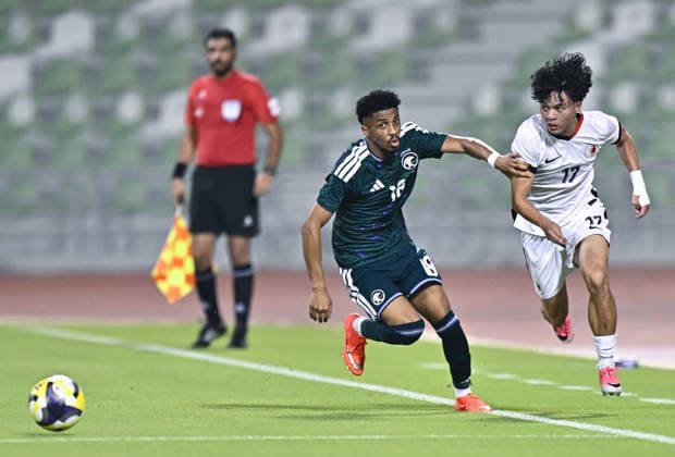 Saudi Arabia V Hong Kong, China - AFC U20 Asian Cup China 2027 Qualifiers Nawaf Salem J Al dossary (L) of Saudi Arabia and Ryan Fok of Hong Kong, China compete during the AFC U20 Asian Cup China 2027 Qualifiers match between Saudi Arabia V Hong Kong, China at Hamad Bin Khalifa Stadium in Doha, Qatar, on August 31, 2026. DOHA Qatar Copyright: xNOUSHADx