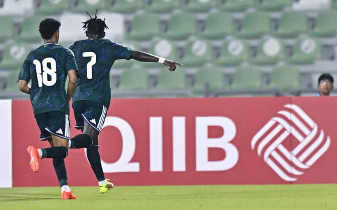 Saudi Arabia V Hong Kong, China - AFC U20 Asian Cup China 2027 Qualifiers Suhayb Al hawsawi (R) of Saudi Arabia celebrates after scoring a goal during the AFC U20 Asian Cup China 2027 Qualifiers match between Saudi Arabia V Hong Kong, China at Hamad Bin Khalifa Stadium in Doha, Qatar, on August 31, 2026. DOHA Qatar Copyright: xNOUSHADx