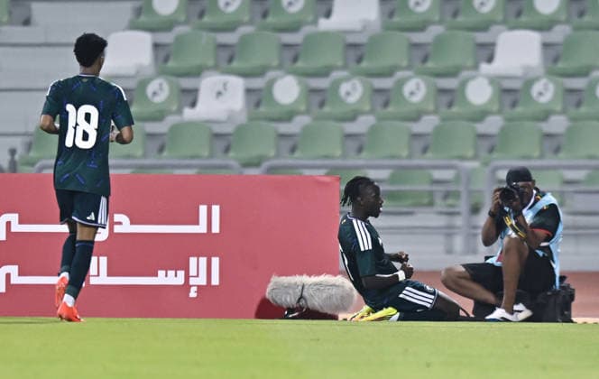 Saudi Arabia V Hong Kong, China - AFC U20 Asian Cup China 2027 Qualifiers Suhayb Al hawsawi (R) of Saudi Arabia celebrates after scoring a goal during the AFC U20 Asian Cup China 2027 Qualifiers match between Saudi Arabia V Hong Kong, China at Hamad Bin Khalifa Stadium in Doha, Qatar, on August 31, 2026. DOHA Qatar Copyright: xNOUSHADx