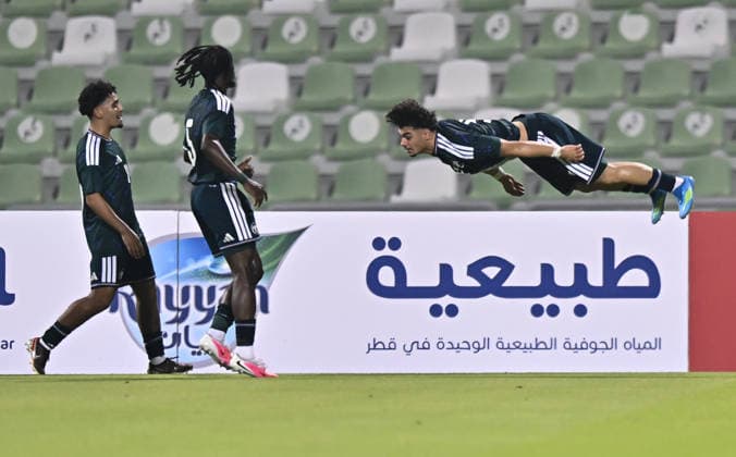 Saudi Arabia V Hong Kong, China - AFC U20 Asian Cup China 2027 Qualifiers Louay Almondher Al Abidi (R) of Saudi Arabia celebrates after scoring a goal during the AFC U20 Asian Cup China 2027 Qualifiers match between Saudi Arabia V Hong Kong, China at Hamad Bin Khalifa Stadium in Doha, Qatar, on August 31, 2026. DOHA Qatar Copyright: xNOUSHADx