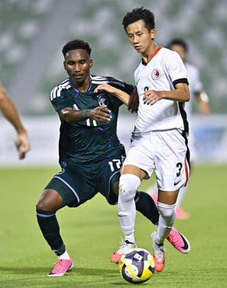 Saudi Arabia V Hong Kong, China - AFC U20 Asian Cup China 2027 Qualifiers Salem Abdullah (L) of Saudi Arabia and Fung Tin Wing of Hong Kong, China compete during the AFC U20 Asian Cup China 2027 Qualifiers match between Saudi Arabia V Hong Kong, China at Hamad Bin Khalifa Stadium in Doha, Qatar, on August 31, 2026. DOHA Qatar Copyright: xNOUSHADx