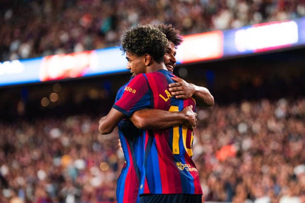 Spanish LaLiga EA Sports FC Barcelona, Barca v Rayo Vallecano in Barcelona, Spain. FC Barcelona player Lamine Yamal (10) celebrates his score with Karim Adeyemi (14) during LaLiga EA Sports match between FC Barcelona and Rayo Vallecano in Spotify Camp Nou, Barcelona, Spain, on August 31, 2026. Barcelona Spotify Camp Nou Barcelona Spain