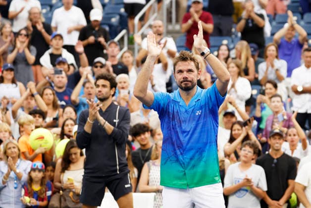 Stan Wawrinka of Switzerland reacts to fans support after his first round match against Matteo Berrettini in The Grandstand at the 2026 US Open Tennis Championship at the USTA Billie Jean King National Tennis Center in New York City on Monday, August 31, 2026. Stan Wawrinka ended his Grand Slam career with his loss to Berrettini in straight sets.  NYP20260831112 JOHNxANGELILLO