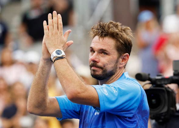 Stan Wawrinka of Switzerland reacts to fans support after his first round match against Matteo Berrettini in The Grandstand at the 2026 US Open Tennis Championship at the USTA Billie Jean King National Tennis Center in New York City on Monday, August 31, 2026. Stan Wawrinka ended his Grand Slam career with his loss to Berrettini in straight sets.  NYP20260831114 JOHNxANGELILLO