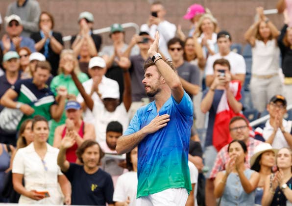 Stan Wawrinka of Switzerland reacts to fans support after his first round match against Matteo Berrettini in The Grandstand at the 2026 US Open Tennis Championship at the USTA Billie Jean King National Tennis Center in New York City on Monday, August 31, 2026. Stan Wawrinka ended his Grand Slam career with his loss to Berrettini in straight sets.  NYP20260831116 JOHNxANGELILLO