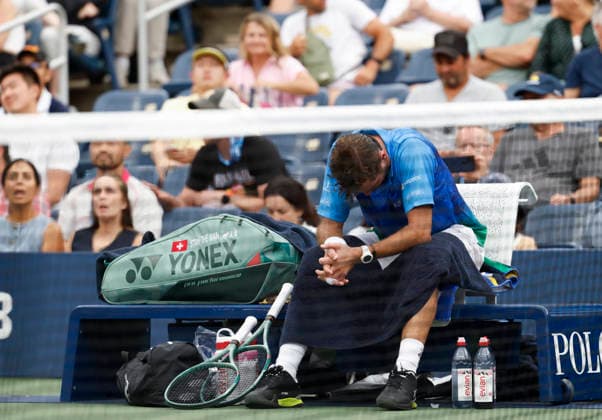 Stan Wawrinka of Switzerland reacts after his first round match defeat to Matteo Berrettini in The Grandstand at the 2026 US Open Tennis Championship at the USTA Billie Jean King National Tennis Center in New York City on Monday, August 31, 2026. Stan Wawrinka ended his Grand Slam career with his loss to Berrettini in straight sets.  NYP20260831119 JOHNxANGELILLO