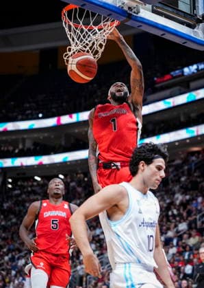 August 31, 2026, Quebec City, Pq, Canada: Canada s Nickeil Alexander-Walker (1) dunks as teammate Mfiondu Kabengele (5) and Argentina s Gonzalo Corbalan (10) look on during their FIBA world cup qualification action in Quebec City, Monday, Aug.Ã‚ 31, 2026. Nickeil Alexander-Walker (1) Gonzalo Corbalan (10) Mfiondu Kabengele (5)  - ZUMAc35_ 20260831_zaf_c35_081 Copyright: xMathieuxBelangerx