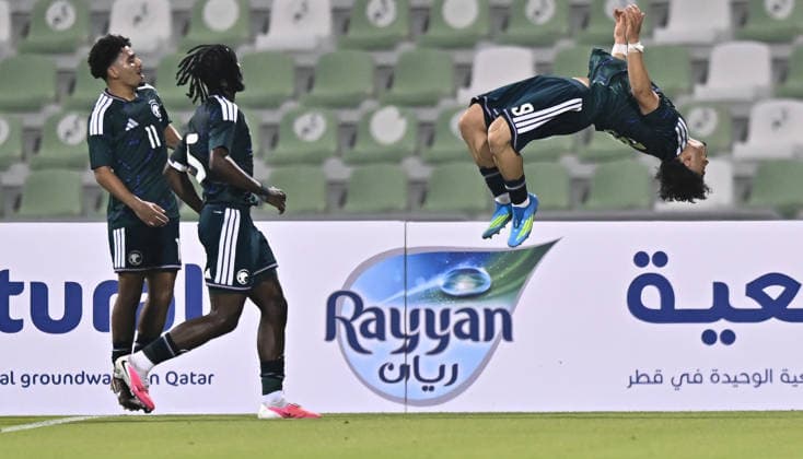 Saudi Arabia Vs Hong Kong, China in Doha - 31 Aug 2026 Louay Labidi (R) of Saudi Arabia celebrates after scoring a goal during the AFC U20 Asian Cup China 2027 Qualifiers match between Saudi Arabia and Hong Kong, China at Hamad Bin Khalifa Stadium. Final score; Saudi Arabia 2 : 0 Hong Kong, China. Doha Qatar Copyright: xNoushadxVariyattiyakkalx xSOPAxImagesx NVRITYAKAL 14-31-08-26