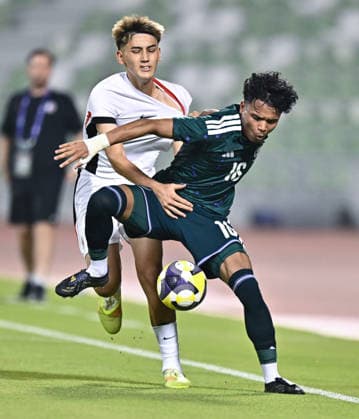 Saudi Arabia Vs Hong Kong, China in Doha - 31 Aug 2026 Talal Ibrahim (R) of Saudi Arabia and Baker Joshua Lee (L) of Hong Kong, China seen in action during the AFC U20 Asian Cup China 2027 Qualifiers match between Saudi Arabia and Hong Kong, China at Hamad Bin Khalifa Stadium. Final score; Saudi Arabia 2 : 0 Hong Kong, China. Doha Qatar Copyright: xNoushadxVariyattiyakkalx xSOPAxImagesx NVRITYAKAL 12-31-08-26