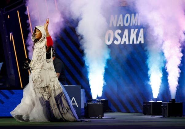 Naomi Osaka of Japan makes her entrance when she is introduced before her first round match against Anastasia.Zakharova in Arthur Ashe Stadium at the 2026 US Open Tennis Championship at the USTA Billie Jean King National Tennis Center in New York City on Monday, August 31, 2026.  NYP20260831141 JOHNxANGELILLO