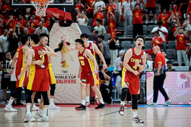 (260901) -- ZHUJI, Sept. 1, 2026 -- Zhao Jiwei (front R) of China celebrates after winning the Second Round Group F match between China and Lebanon at the 2027 FIBA Basketball World Cup Asian Qualifiers in Zhuji, east China s Zhejiang Province, Aug. 31, 2026. (Photo by Xinhua) (SP)CHINA-ZHEJIANG-ZHUJI-BASKETBALL-FIBA WORLD CUP QUALIFIERS-CHINA VS LEBANON JiangxLiben 