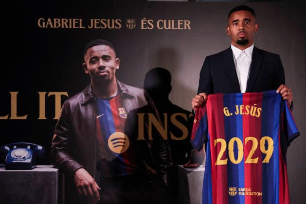 September 1, 2026, Barcelona, Barcelona, SPAIN: Gabriel Jesus poses with an FC Barcelona, Barca shirt during his presentation as new player of FC Barcelona at Commercial Office on September 01, 2026 in Barcelona, Spain. Gabriel Jesus Presentation As New Player Of FC Barcelona  - ZUMAa181 20260901_zaa_a181_004 Copyright: xJavierxBorregox