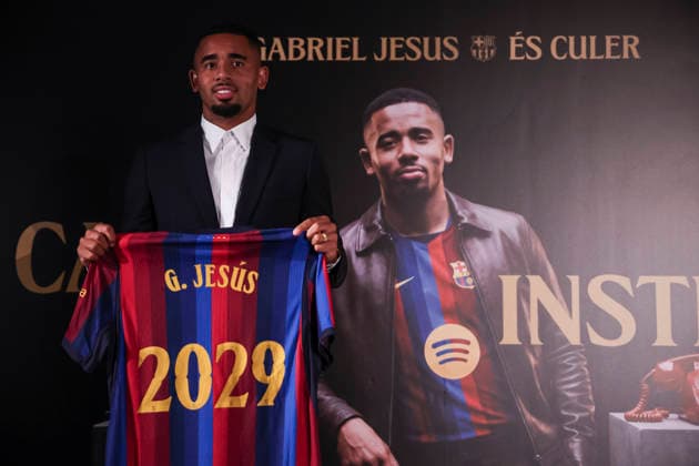 September 1, 2026, Barcelona, Barcelona, SPAIN: Gabriel Jesus poses with an FC Barcelona, Barca shirt during his presentation as new player of FC Barcelona at Commercial Office on September 01, 2026 in Barcelona, Spain. Gabriel Jesus Presentation As New Player Of FC Barcelona  - ZUMAa181 20260901_zaa_a181_017 Copyright: xJavierxBorregox