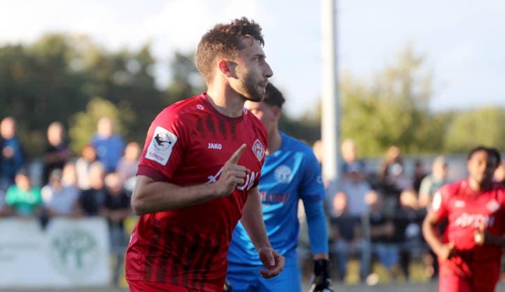 September 1, 2026, xfsx, Men s, Soccer, 2026–2027 Season, BFV Association Cup, Round of 16: TSV Neudrossenfeld vs. FC Würzburger Kickers; from left: Dominik Meisel of FC Würzburger Kickers celebrating the goal; goal celebration; celebrating the goal that made it 0–1; Neudrossenfeld, Germany