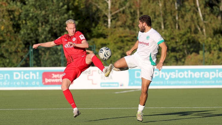 September 1, 2026, xfsx, Men s, Soccer, 2026–2027 Season, BFV Association Cup, Round of 16: TSV Neudrossenfeld vs. FC Würzburger Kickers; from left: Luke Hemmerich (FC Würzburger Kickers), Cristian Fischer (TSV Neudrossenfeld); Neudrossenfeld, Germany