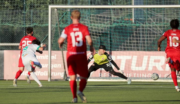 September 1, 2026, xfsx, Men s, Soccer, 2026–2027 Season, BFV Association Cup, Round of 16: TSV Neudrossenfeld vs. FC Würzburger Kickers; from left: Dominik Meisel (FC Würzburger Kickers), Marin Hrgota (TSV Neudrossenfeld) scores the goal to make it 2–1, Philipp Ochs, FC Würzburger Kickers; Marko Rajkovacic, FC Würzburger Kickers; Franck Evina, FC Würzburger Kickers; Neudrossenfeld, Germany