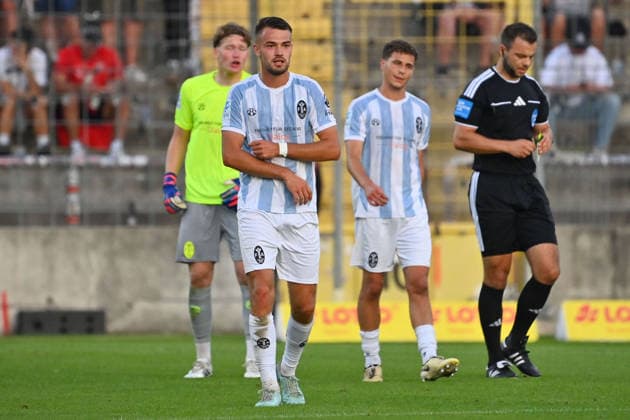 1860 player after conceding a goal; Raphael WACH of TSV 1860 Munich looks disappointed, frustrated, and dejected; Bavarian State Soccer Cup, Toto Cup: TSV 1860 Munich vs. TSV Buchbach on September 1, 2026, at Grünwalder Stadium