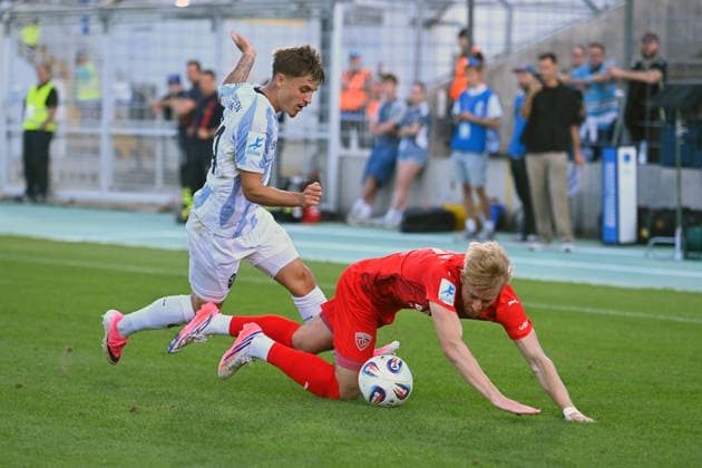 Jonas WESELSBERGER, Buchbach; Action; Tackle against Mark GEVORGYAN, TSV 1860 Munich, Bavarian State Soccer Cup, Toto Cup: TSV 1860 Munich vs. TSV Buchbach on September 1, 2026, at Grünwalder Stadium