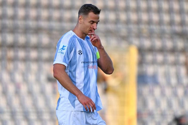 Dennis DRESSEL 1860 Munich, disappointment, frustration, disappointed, frustrated, dejected, action, single frame, cropped single shot, half-length portrait, Bavarian State Soccer Cup, Toto Cup: TSV 1860 Munich vs. TSV Buchbach on September 1, 2026, at Grünwalder Stadium