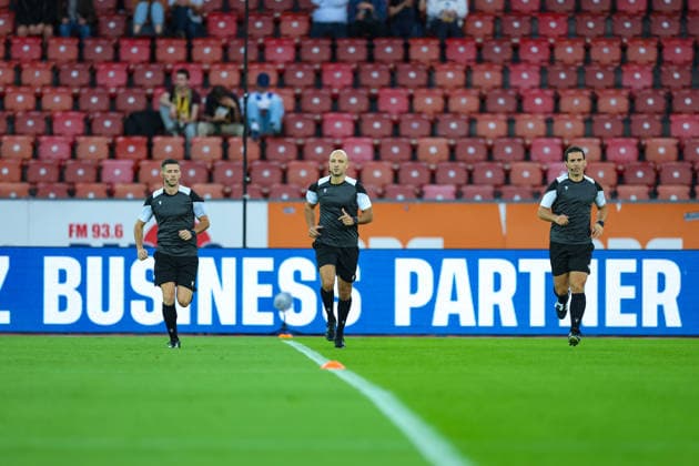 September 1, 2026, Soccer, Brack Super League 2026–27, Matchday 6, FC Zurich vs. BSC Young Boys, Letzigrund Stadium, Zurich, Switzerland; Luca Cibelli (referee, center), Nicolas Tuberosa (assistant referee, left), and Matthias Sbrissa (assistant referee); Photo by Urs Ottiger