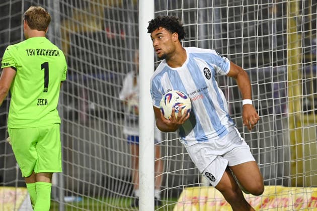 Arian Ortivero CALDERON, TSV 1860 Munich, after scoring the goal to make it 1–2 on a penalty kick, Bavarian State Cup, Toto Cup: TSV 1860 Munich vs. TSV Buchbach on September 1, 2026, at Grünwalder Stadium