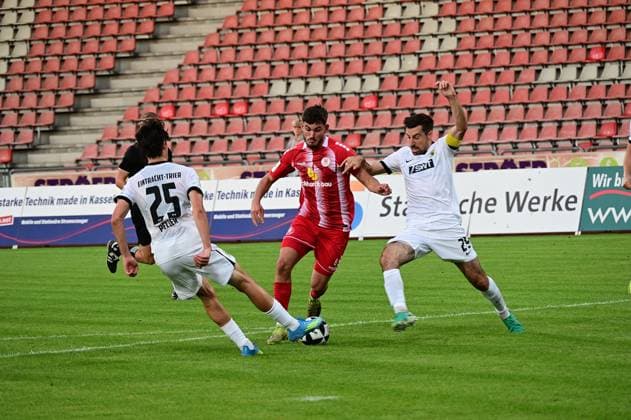 September 1, 2026 xkhx Kassel, Auestadion, Regionalliga Southwest, 2026–2027 Season, KSV Hessen Kassel vs. SV Eintracht Trier, Gianluca Pelzer and Christopher Spang of SV Eintracht Trier vs. Aaron Liesche Prieto 6, Hessen Kassel