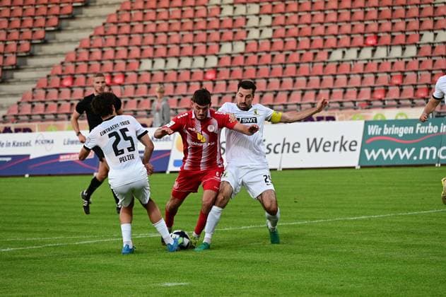 September 1, 2026 xkhx Kassel, Auestadion, Regionalliga Southwest, 2026–2027 Season, KSV Hessen Kassel vs. SV Eintracht Trier, Gianluca Pelzer and Christopher Spang of SV Eintracht Trier vs. Aaron Liesche Prieto 6, Hessen Kassel