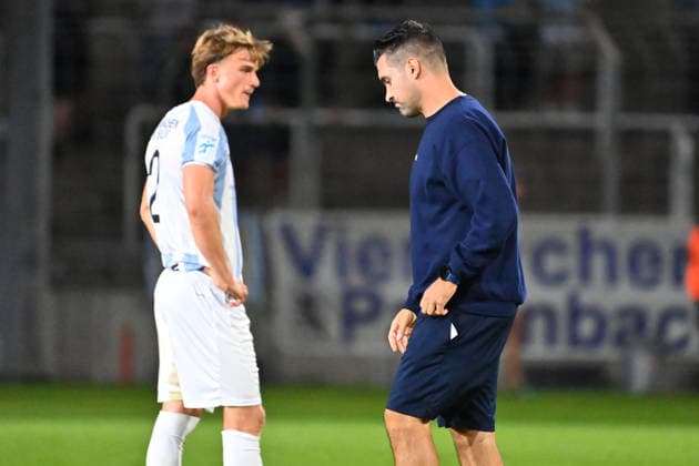 Coach Alper KAYABUNAR of 1860 and Julian BELL of TSV 1860 Munich after the game; disappointment, frustration, let down, frustrated, dejected; Bavarian State Soccer Cup, Toto Cup: TSV 1860 Munich vs. TSV Buchbach 1–3 on September 1, 2026, at Grünwalder Stadium