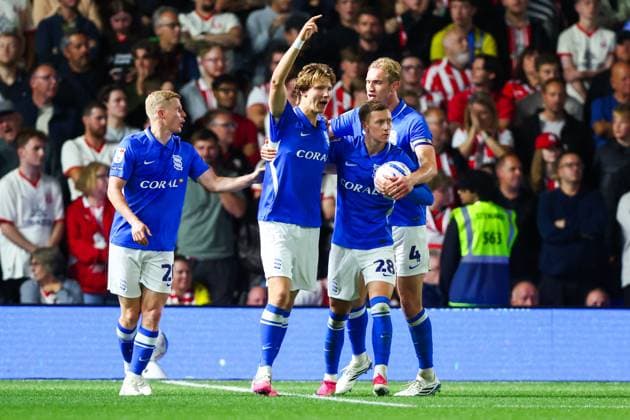 August Priske of Birmingham City celebrates with teammates after scoring a goal to make the score 1-1 Birmingham City v Southampton, EFL Sky Bet Championship, Football, St. Andrew s at Knighthead Park, Birmingham, UK - 01 Sep 2026Birmingham St. Andrew s at Knighthead Park United Kingdom EDITORIAL USE ONLY No use with unauthorised audio, video, data, fixture lists, club league logos or live services. Online in-match use limited to 120 images, no video emulation. No use in betting, games or single club league player publications. Copyright: xKieranxMcManus Shutterstockx 17128850at