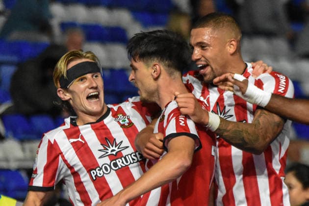 Birmingham City v Southampton, Sky Bet Championship, St Andrews @ Knighthead Park, Birmingham, UK - 1 September 2026 Southampton s Keven Schlotterbeck celebrates with team mates after scoring the opening goal , UK NEWSPAPERS OUT Copyright: xRichardxBowcottx