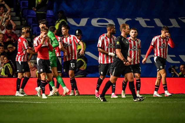 1st September 2026; St Andrews, Birmingham, West Midlands, England; EFL Championship Football, Birmingham City versus Southampton; Keven Schlotterbeck of Southampton celebrates with his team after scoring in the 3rd minute of added time in the first half to make the score 0-1 GodfreyxPitt