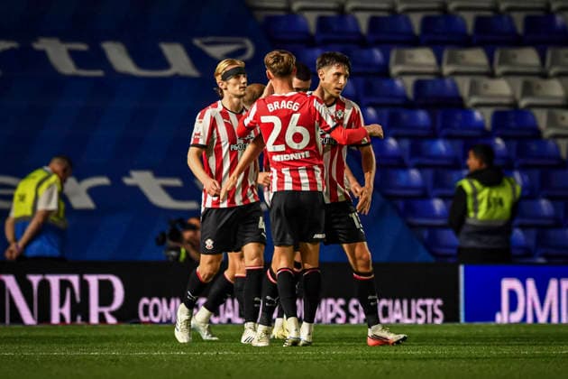 1st September 2026; St Andrews, Birmingham, West Midlands, England; EFL Championship Football, Birmingham City versus Southampton; Keven Schlotterbeck of Southampton celebrates with his team after scoring in the 3rd minute of added time in the first half to make the score 0-1 GodfreyxPitt