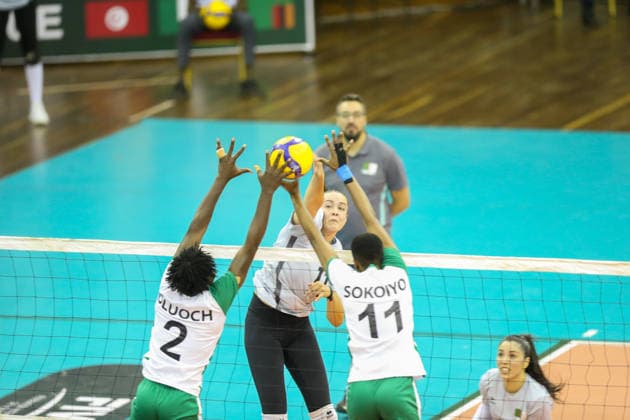 NAIROBI, KENYA - September 1: Oluoch Veronica Adhiambo, Sokoiyo Elizabeth Marian, Kenya and Abderrahim Yasmine, Algeria during the 2026 CAVB Women s African Nations Volleyball Championship between Algeria and Kenya on September 1, 2026 in Nairobi, Kenya. Photo by Chris Omollo Copyright: xx