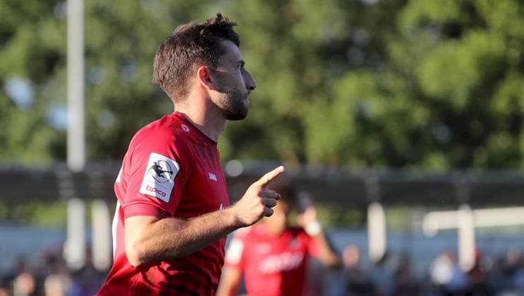 September 1, 2026, xfsx, Men s, Soccer, 2026–2027 Season, BFV Association Cup, Round of 16: TSV Neudrossenfeld vs. FC Würzburger Kickers; from left: Dominik Meisel of FC Würzburger Kickers celebrating the goal, goal celebration, celebrating the 0–1 goal, single frame, Neudrossenfeld, Germany