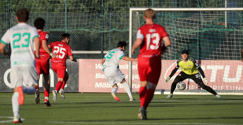 September 1, 2026, xfsx, Men s, Soccer, 2026–2027 Season, BFV Association Cup, Round of 16: TSV Neudrossenfeld vs. FC Würzburger Kickers; from left: Hannes Schwender (TSV Neudrossenfeld), Dominik Meisel, FC Würzburg Kickers; Marin Hrgota, TSV Neudrossenfeld, scores the goal to make it 2–1; Philipp Ochs, FC Würzburg Kickers; Marko Rajkovacic, FC Würzburg Kickers; Neudrossenfeld, Germany
