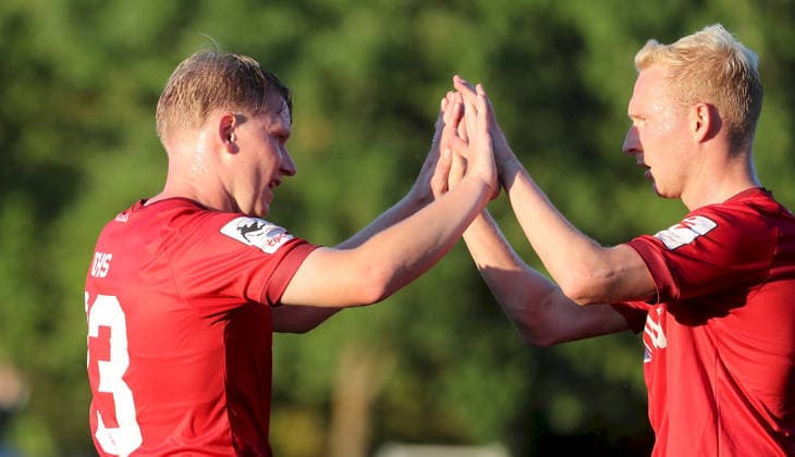 September 1, 2026, xfsx, Men s, Soccer, 2026–2027 Season, BFV Association Cup, Round of 16: TSV Neudrossenfeld vs. FC Würzburger Kickers (from left: Philipp Ochs, FC Würzburger Kickers), Luke Hemmerich, FC Wuerzburger Kickers, celebrating a goal; celebrating the goal; goal celebration; celebrating the goal that made the score 2–3, Neudrossenfeld, Germany