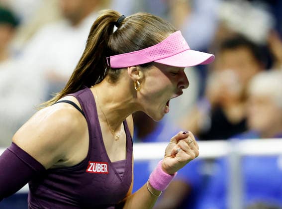 Zeynep Sonmez of Turkey celebrates after winning a point over Coco Gauff in the second set of their first round match in Arthur Ashe Stadium at the 2026 US Open Tennis Championship at the USTA Billie Jean King National Tennis Center in New York City on Tuesday, September 1, 2026.  NYP20260901102 JOHNxANGELILLO