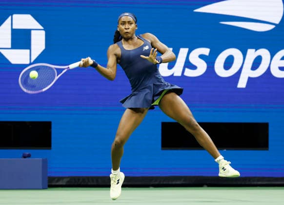 Coco Gauff returns a ball to Zeynep Sonmez of Turkey in the first set of their first round match in Arthur Ashe Stadium at the 2026 US Open Tennis Championship at the USTA Billie Jean King National Tennis Center in New York City on Tuesday, September 1, 2026.  NYP20260901107 JOHNxANGELILLO