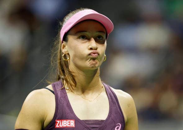 Zeynep Sonmez of Turkey reacts after losing a point to Coco Gauff in the first set of their first round match in Arthur Ashe Stadium at the 2026 US Open Tennis Championship at the USTA Billie Jean King National Tennis Center in New York City on Tuesday, September 1, 2026.  NYP20260901109 JOHNxANGELILLO