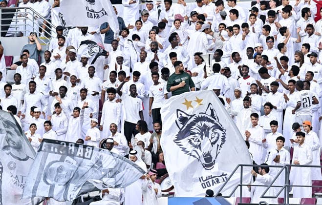 QATAR CUP 2026 SEMI-FINAL MATCH AL-SADD SC AND AL-GHARAFA SC Fans of Al-Sadd SC celebrates after scoring a goal during the Qatar Cup 2026 semi-final match between Al-Sadd SC and Al-Gharafa SC at Khalifa International Stadium in Doha, Qatar, on September 1, 2026. DOHA Qatar Copyright: xNOUSHADx