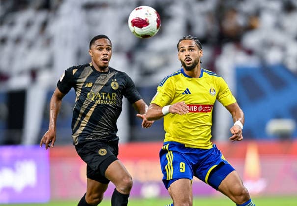 QATAR CUP 2026 SEMI-FINAL MATCH AL-SADD SC AND AL-GHARAFA SC Pedro Miguel (L) of Al Sadd SC and Amro Abdelfatah Surag of Al-Gharafa SC compete during the Qatar Cup 2026 semi-final match between Al-Sadd SC and Al-Gharafa SC at Khalifa International Stadium in Doha, Qatar, on September 1, 2026. DOHA Qatar Copyright: xNOUSHADx