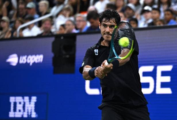 (260902) -- NEW YORK, Sept. 2, 2026 -- Adolfo Daniel Vallejo of Paraguay hits a return during the men s singles first round match against Gael Monfils of France at the 2026 US Open tennis championships in New York, the United States, Sept. 1, 2026. ) (SP)U.S.-NEW YORK-TENNIS-US OPEN-MEN S SINGLES LixRui 