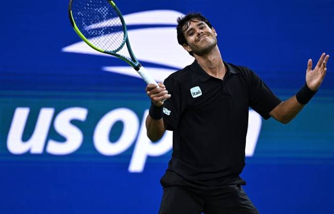 (260902) -- NEW YORK, Sept. 2, 2026 -- Adolfo Daniel Vallejo of Paraguay reacts during the men s singles first round match against Gael Monfils of France at the 2026 US Open tennis championships in New York, the United States, Sept. 1, 2026. ) (SP)U.S.-NEW YORK-TENNIS-US OPEN-MEN S SINGLES LixRui 